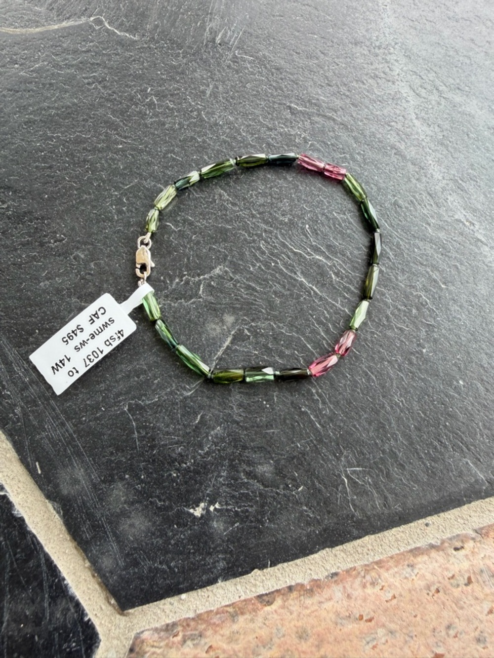 Green & Pink Tourmaline Bead Bracelet 14kt white gold clasp 6.75”